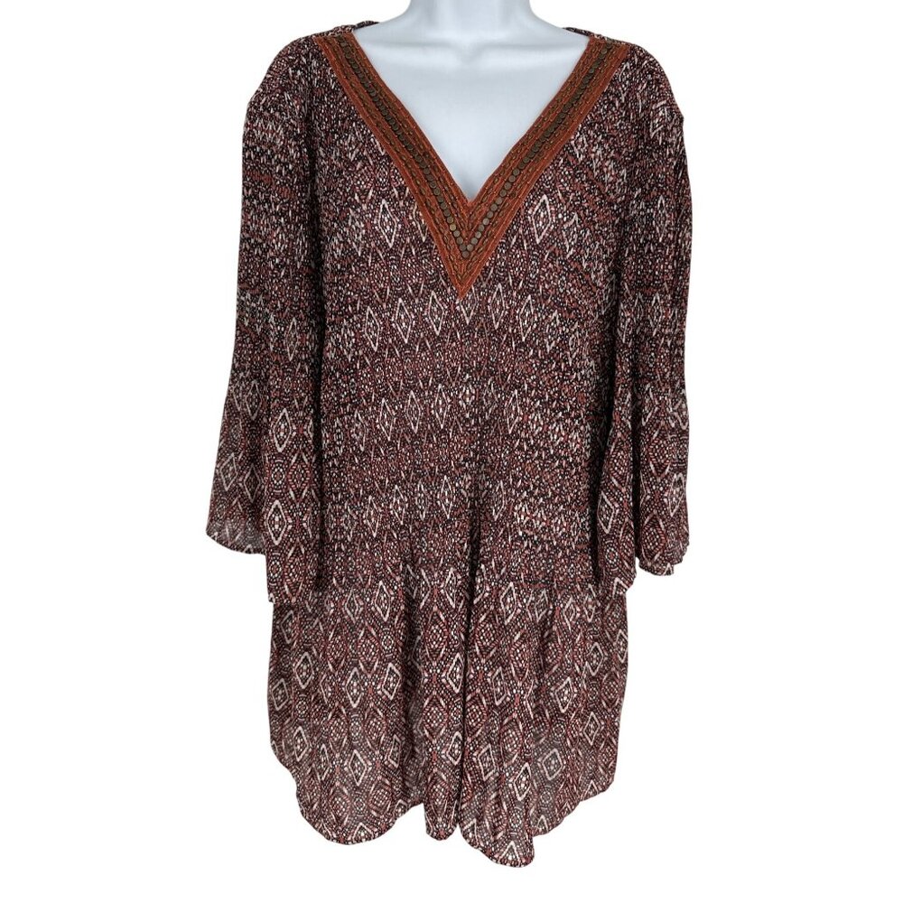Catherines Geometric Print Embellished V-Neckline Flared Sleeves Women's Size 1X